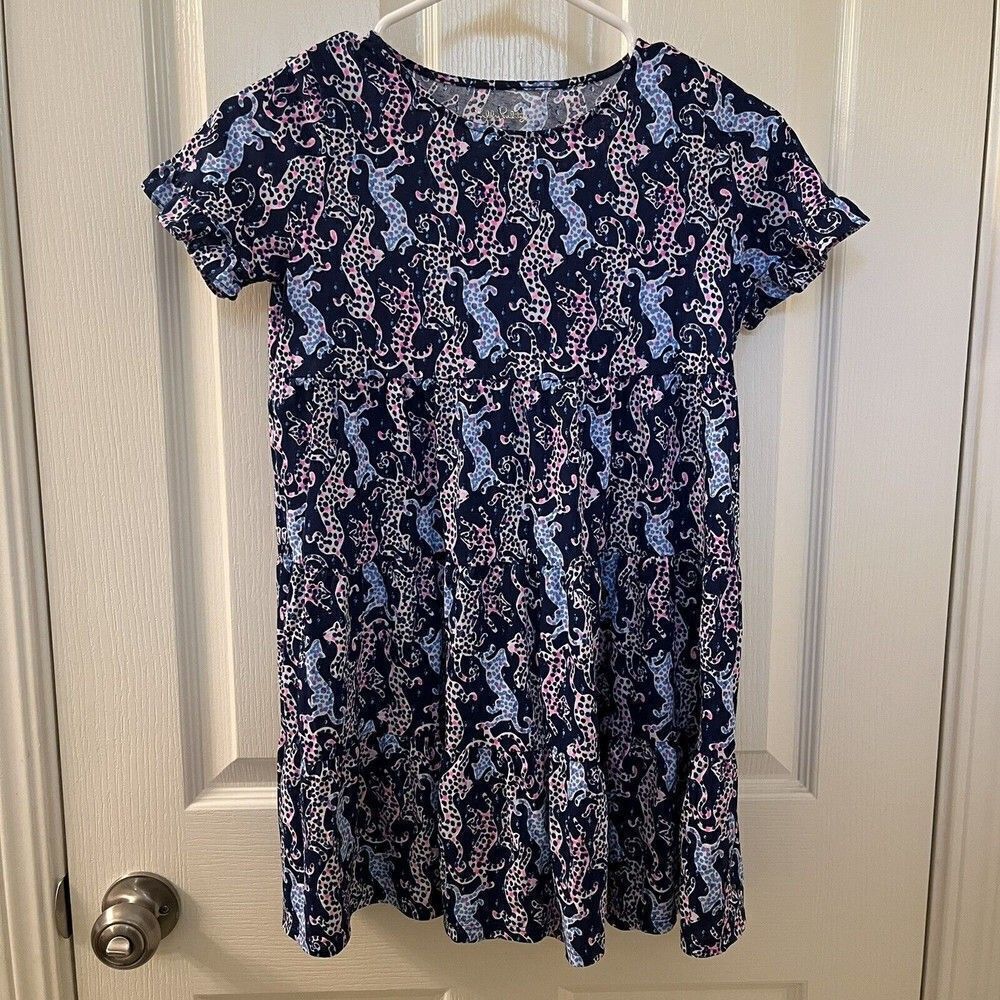 Lilly Pulitzer Mini Jodee Dress On the Catwalk Navy Blue Girls Size Large 8-10
